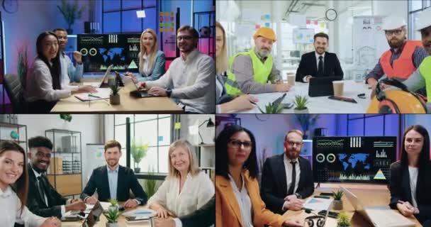 Collage de atractivos y sonrientes equipos cualificados y diversos de empresarios de diversas profesiones que posan en cámara en las oficinas durante la reunión conjunta y mostrando los pulgares hacia arriba — Vídeos de Stock