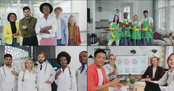 Mozgókép vonzó sikeres multikulturális csoportok a különböző foglalkozások, amelyek pózol a kamera munkájuk során, és gesztikuláló hüvelykujj fel — Stock videók