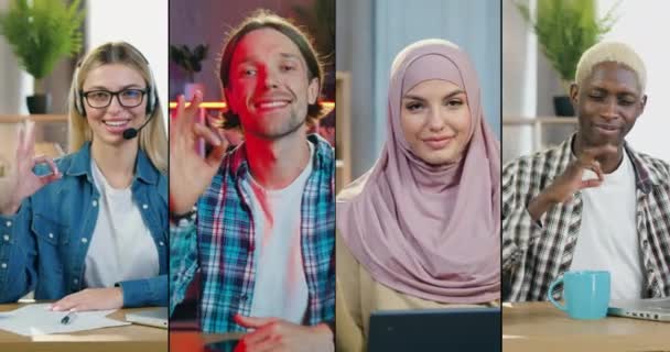 Multiscreen von attraktiven lächelnden jungen vielfältigen Büromenschen, die vor der Kamera mit ok Symbol posieren — Stockvideo