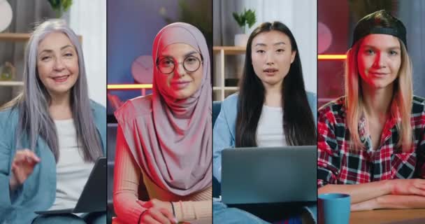 Gesplitst scherm van mooie glimlachende succesvolle multiculturele jonge volwassen vrouwen die poseren op camera met oke symbool — Stockvideo