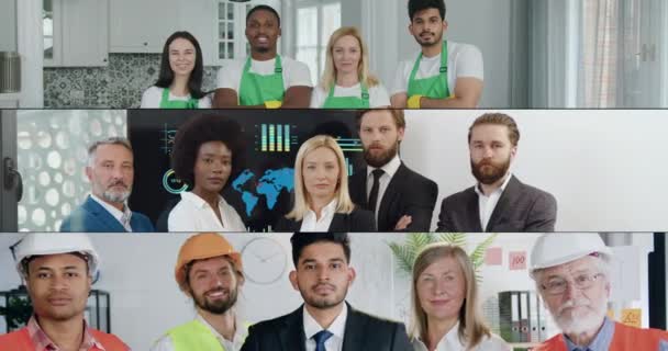 Különböző foglalkozásúak multiscreen-je: takarítók, üzletemberek és építők, akik mosolygó arccal és keresztbe tett karral pózolnak a kamera előtt — Stock videók