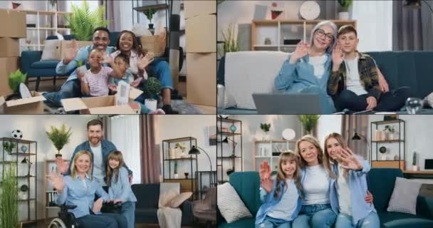 Multiscreen af attraktive glade smilende multietniske forskellige familier derhjemme – Stock-video