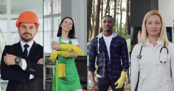 Mosaico de simpática confiante sorrindo adultos multiétnicos de diferentes profissões posando na câmera — Vídeo de Stock