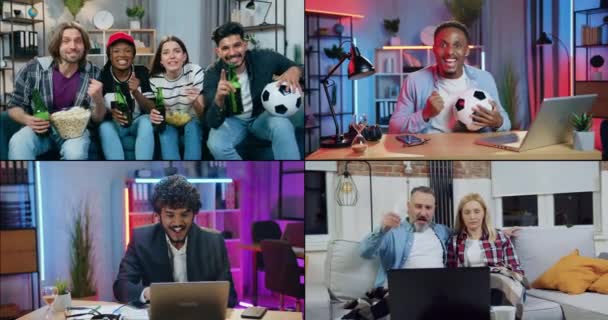 Multiscreen van aantrekkelijke vrolijke emotionele multi-etnische mensen die vieren overwinning tijdens het kijken naar sport spel op tv thuis en laptop — Stockvideo