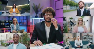 Çekici, pozitif, kendine güvenen, çok ırklı iş adamlarının iş sırasında veya dinlenirken kameraya poz verdikleri ekranı bölelim.