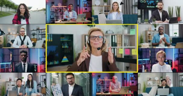 Multiscreen concept where likable confident positive skilled diverse businesspeople of different occupations which posing on camera indoors and outdoors — Stock Video