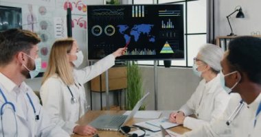 Çekici deneyimli, tıbbi maskeli çok ırklı doktorlar klinik ofisinde ortak bir toplantı düzenliyor ve covid-19 açısından dijital ekranda yapılan araştırmaların sonuçlarını tartışıyorlar.