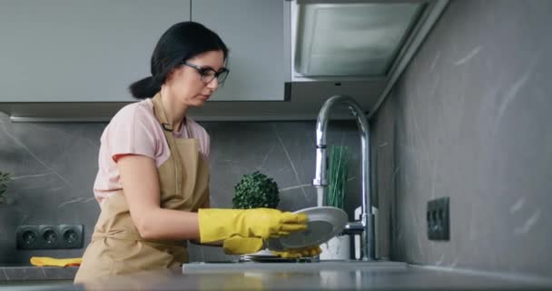 Vista lateral da dona de casa morena senhora lavar pratos na cozinha todos os dias na cozinha de estilo interior moderno — Vídeo de Stock