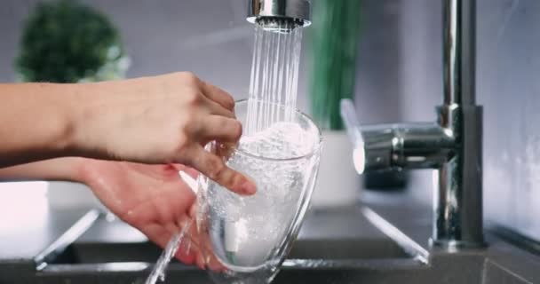 현대 가정의 부엌에서 물탱크 밑에서 유리 접시를 씻고 있는 카 시안 여성의 손을 닫은 모습 — 비디오