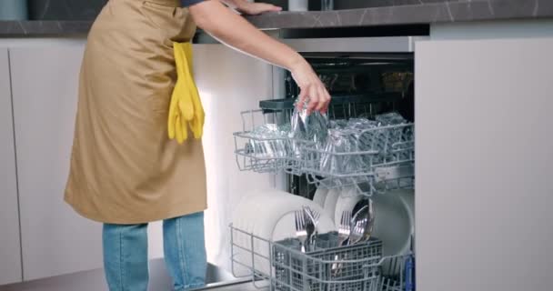 Mulher descarrega pratos limpos da máquina de lavar louça. Conceito de utilização de aparelhos de cozinha — Vídeo de Stock