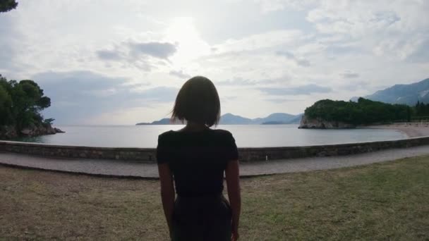 Visão traseira do viajante feminino andando no parque e se aproximando do mar com os braços abertos na frente da incrível paisagem marinha ao pôr do sol, ao ar livre — Vídeo de Stock