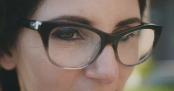 Gros plan portrait de belles yeux féminins foncés derrière des lunettes élégantes à l'extérieur par temps venteux — Video