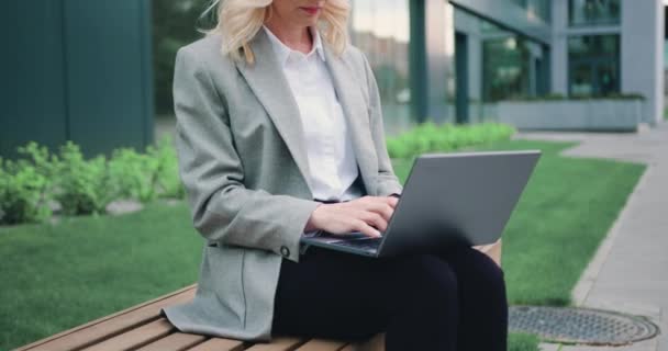 매력적 코카서스 사업가가 거리의 주변에 노트북을 만들고 있습니다 비즈니스 여성의 — 비디오