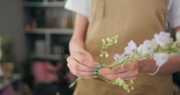 Closeup View Hands Professional Florist Create Beautiful Bouquet While Working — Stock video