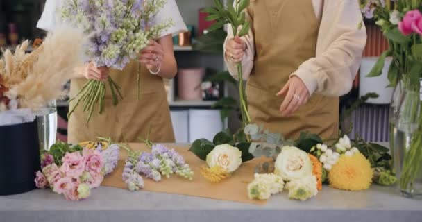 Zwei Floristinnen Arbeiten Blumenladen Gut Aussehende Junge Mädchen Die Arbeitsplatz — Stockvideo