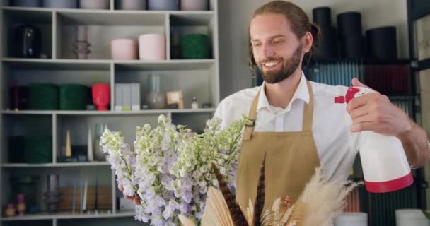 Florist Man Working Flower Shop Professional Gardener Florist Worker Watering — Stockvideo