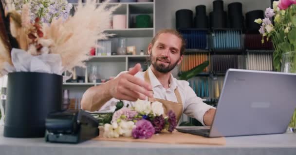 Caucasian Man Florist Entrepreneur Sitting Own Flower Shop Typing Working — 图库视频影像