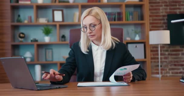 Business Concept Pretty Busy Skilled Adult Light Haired Female Office — Αρχείο Βίντεο