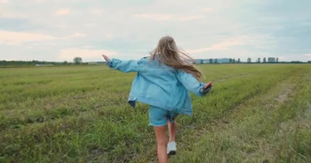 美丽而快乐的小女孩在一片绿色的田野里奔跑 日落时 她举起双手在空中飞舞 孩子们在夏天快乐快乐 慢动作 — 图库视频影像