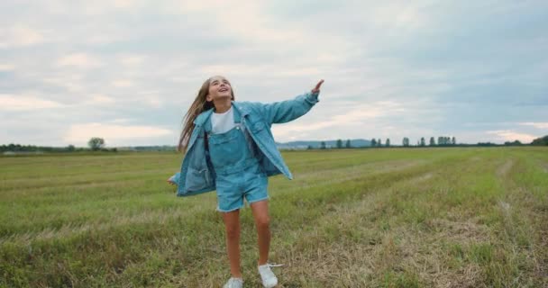 Attaractive Happy Little Girl Circling Green Field Active Lifestyle Beautiful — Stock Video