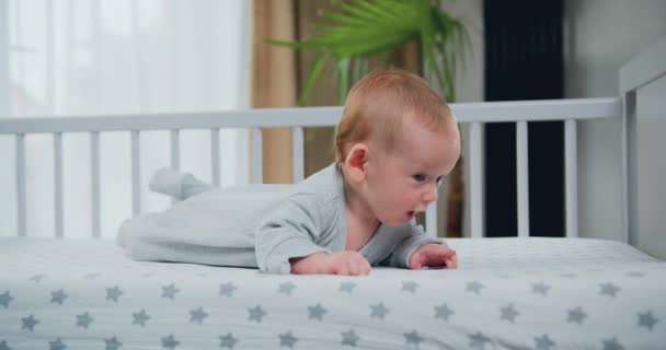 Beautiful Blue Eyed Smiling Infant Baby Portrait Close Three Month — Stock Video