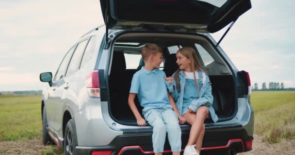 Piękny Wesoły Przyjazny Letni Brat Siostra Siedzi Bagażniku Samochodowym Otaczającym — Wideo stockowe