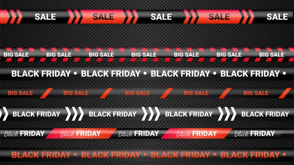 Black Friday fitas de aviso vermelho, fitas. Modelo para venda Black Friday. Antecedentes com fitas de perigo, variação de sinal de fita policial. Ilustração vetorial. — Vetor de Stock