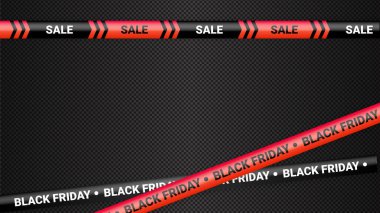 Kara Cuma kırmızı uyarı kasetleri, pirzolalar. Kara Cuma satışının şablonu. Tehlike bantlı arka plan, polis şeridi tabelasının değişmesi. Vektör illüstrasyonu.