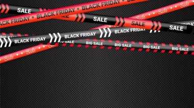 Kara Cuma kırmızı uyarı kasetleri, pirzolalar. Kara Cuma satışının şablonu. Tehlike bantlı arka plan, polis şeridi tabelasının değişmesi. Vektör illüstrasyonu.