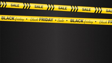 Kara Cuma uyarı kasetleri, pirzolalar. Kara Cuma satışının şablonu. Tehlike bantlı arka plan, polis şeridi tabelasının değişmesi. Vektör illüstrasyonu.