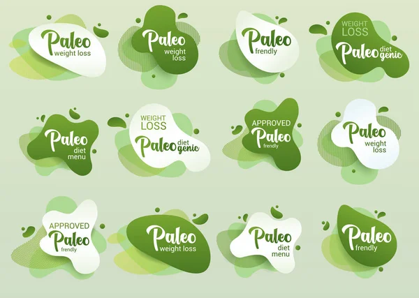 Paleo diet frenetiskt märke. Set med grön amöba design av klistermärke för paleo diet meny, affisch, flygblad. — Stock vektor