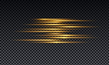 Hız ışığı etkisi. Yatay mercek fişekleri ve lazer ışınları, yatay ışık ışınları hız hareketi. Vektör altın parlayan illüstrasyon.