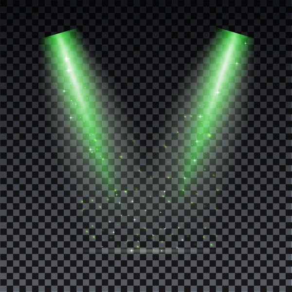Proyector verde. Rayo láser verde sobre fondo transparente. Rayos láser, efecto de iluminación sobre fondo negro transparente. — Archivo Imágenes Vectoriales