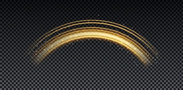 Arco mágico de oro. Efecto de luz mágica abstracta. Líneas de neón luminosas con luces voladoras. — Vector de stock