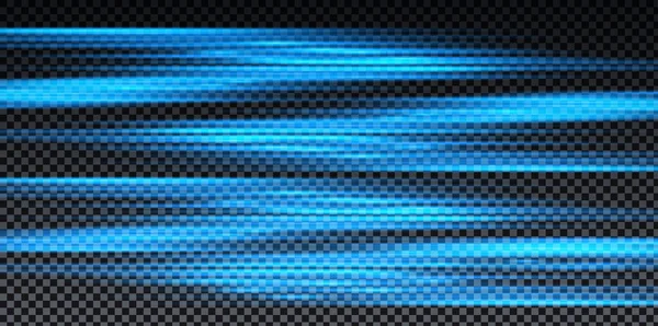 Effetto luce velocità. Lenti orizzontali e fasci laser, raggi di luce orizzontali Movimento di velocità. Illustrazione luminosa blu vettoriale. — Vettoriale Stock