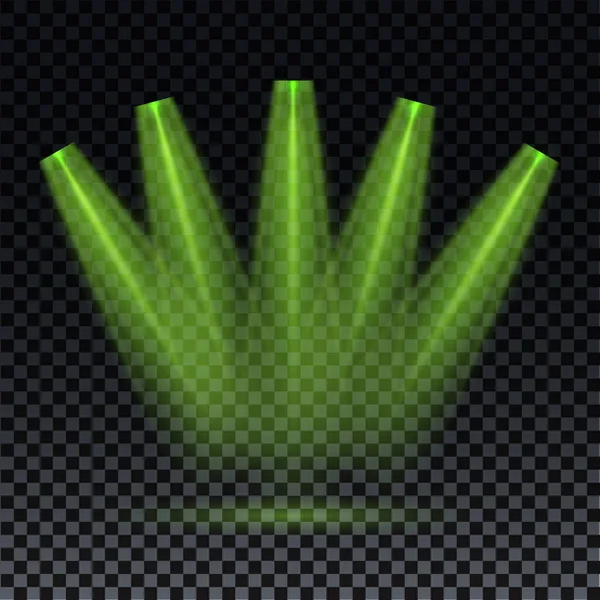 Зеленый свет. Зеленый луч лазера на прозрачном фоне. Лазерные лучи, эффект освещения на прозрачном черном фоне. — стоковый вектор