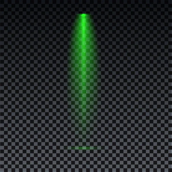 Grüner Scheinwerfer. Grüner Laserstrahl auf transparentem Hintergrund. Laserstrahlen, Lichteffekt auf transparentem schwarzen Hintergrund. — Stockvektor