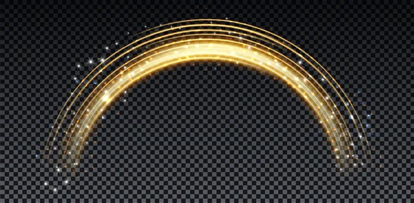 Arc magique en or. Effet de lumière magique abstrait. Lignes lumineuses au néon avec lumières volantes. — Image vectorielle
