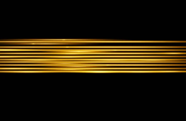 Efecto de luz de velocidad. Bengalas de lentes horizontales y haces láser, rayos de luz horizontales Movimiento de velocidad. Vector de oro brillante ilustración. — Archivo Imágenes Vectoriales