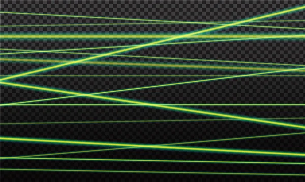 Feixe laser verde. Raios laser, efeito de iluminação verde no fundo preto transparente. — Vetor de Stock