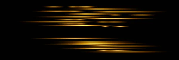 Efecto de luz de velocidad. Bengalas de lentes horizontales y haces láser, rayos de luz horizontales Movimiento de velocidad. Vector de oro brillante ilustración. — Vector de stock