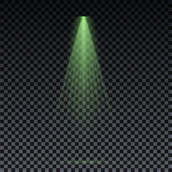 Faretto verde. fascio laser verde su sfondo trasparente. Raggi laser, effetto luce su fondo nero trasparente. — Vettoriale Stock