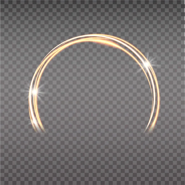 Arco mágico de oro. Efecto de luz mágica abstracta. Líneas de neón luminosas con luces voladoras. — Vector de stock