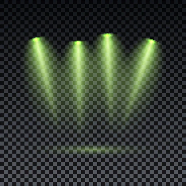 Proyector verde. Rayo láser verde sobre fondo transparente. Rayos láser, efecto de iluminación sobre fondo negro transparente. — Archivo Imágenes Vectoriales