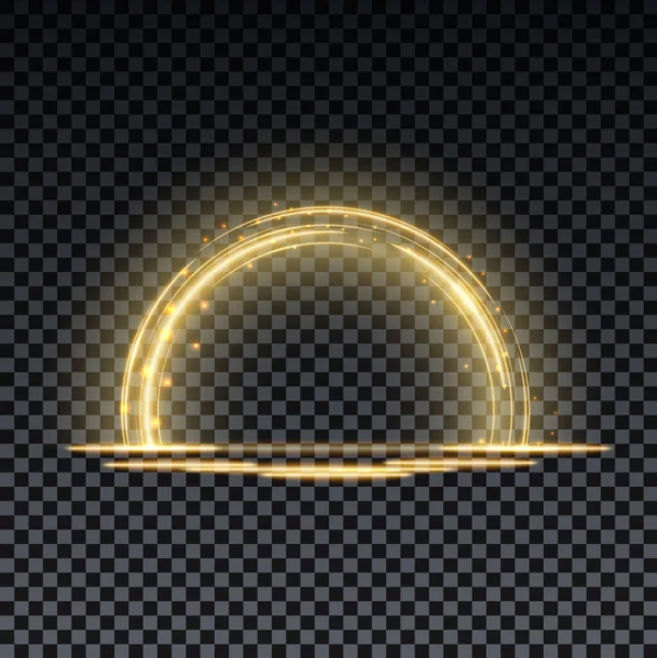 Arc magique en or. Effet de lumière magique abstrait. Lignes lumineuses au néon avec lumières volantes. — Image vectorielle