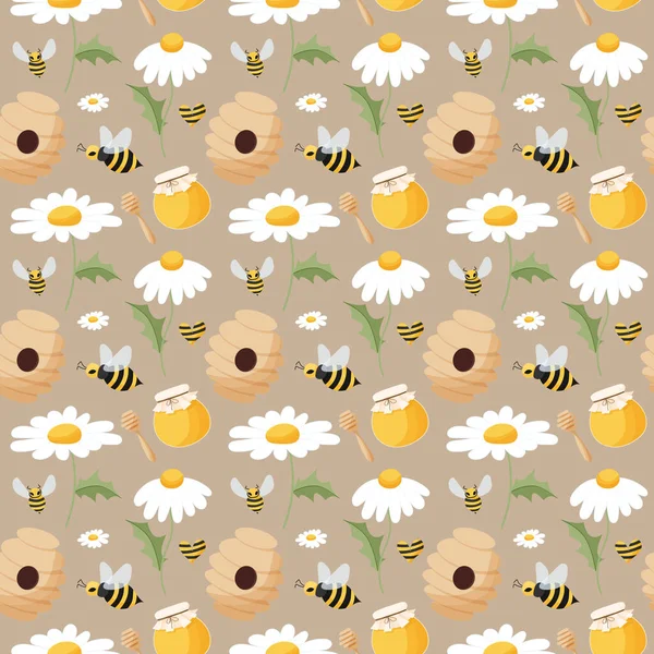 Pszczoła i rumianek bez szwu wzór. Ul, stokrotki, pszczoły, miód i plastry miodu w dziecięcym wzorze. Bezszwowe nadaje się do druku, tkaniny, papieru pakowego, bar i menu dekoracji. — Wektor stockowy