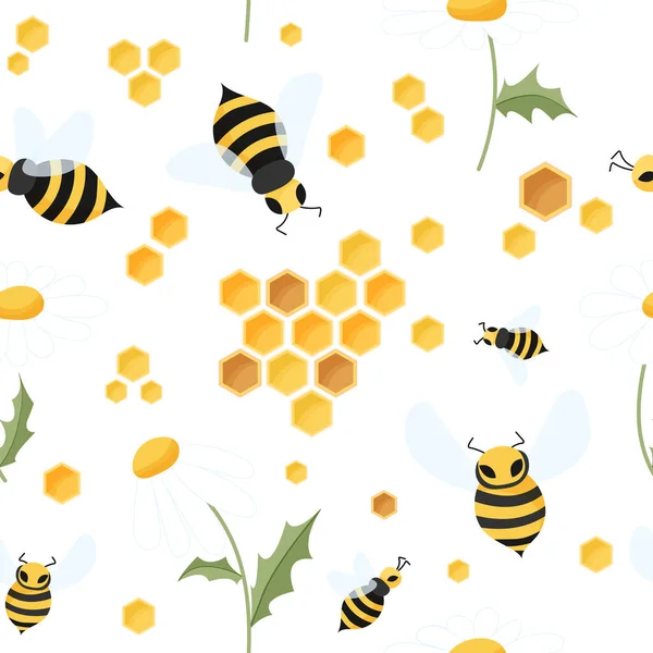 Nahtloses Muster aus Biene und Kamille. Bienenstöcke, Gänseblümchen, Bienen, Honig und Waben im Kindermuster. Nahtlos geeignet für Druck, Stoff, Packpapier, Bar und Menüdekoration. — Stockvektor