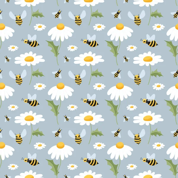 Bee and camomile seamless pattern. Bee and daisies in a kids pattern. Seamless is suitable for print, fabric, wrapping paper, bar and menu decoration. — Stock Vector
