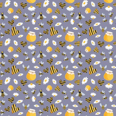 Arı ve papatya deseni. Arı kovanı, kalp, papatyalar, arılar, bal ve bal petekleri. Kusursuz baskı, kumaş, ambalaj kağıdı, çubuk ve menü dekorasyonu için uygundur.