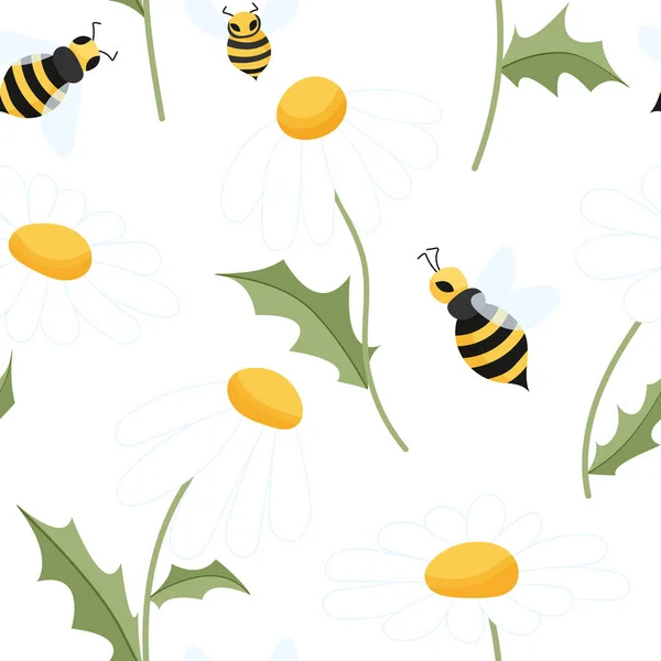 Bee and camomile seamless pattern. Bee and daisies in a kids pattern. Seamless is suitable for print, fabric, wrapping paper, bar and menu decoration. — Stock Vector